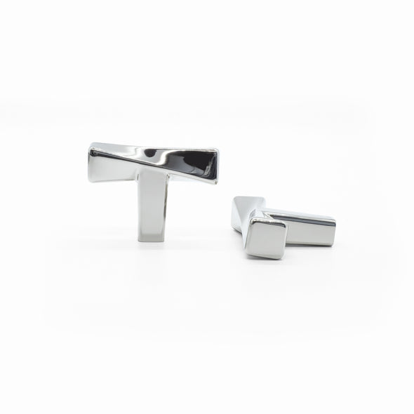 Two Polished Nickel Hapny Twist t-knobs, one standing and one side-facing while laying down