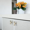 Two Satin Brass Hapny Twist t-knobs installed on tan cabinet doors with orange flowers and a green plant on the countertop