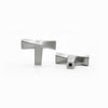 Two Satin Nickel Hapny Twist t-knobs, one standing and one rear-facing while laying down
