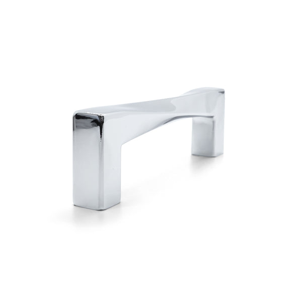 Side-facing, standing view of Hapny Twist 96mm cabinet pull in a Polished Chrome finish