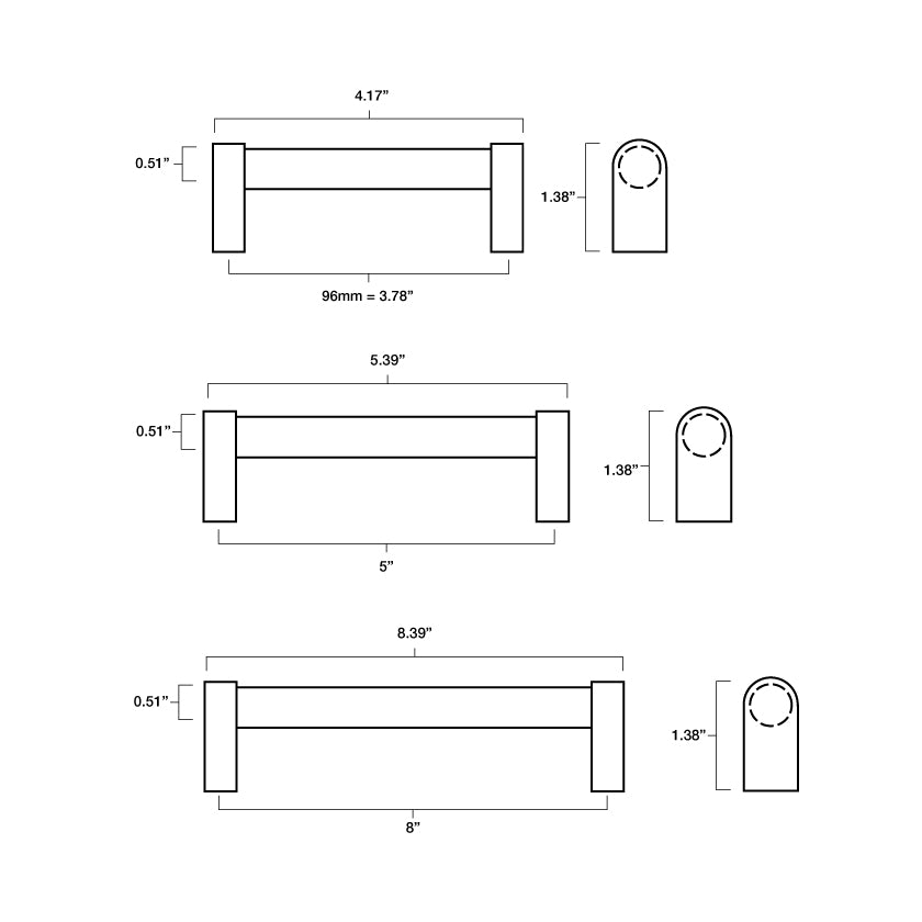 Tech specs with dimensions for Hapny Clarity Cabinet Pull in 96mm, 5" and 8" center to center sizes for all finishes