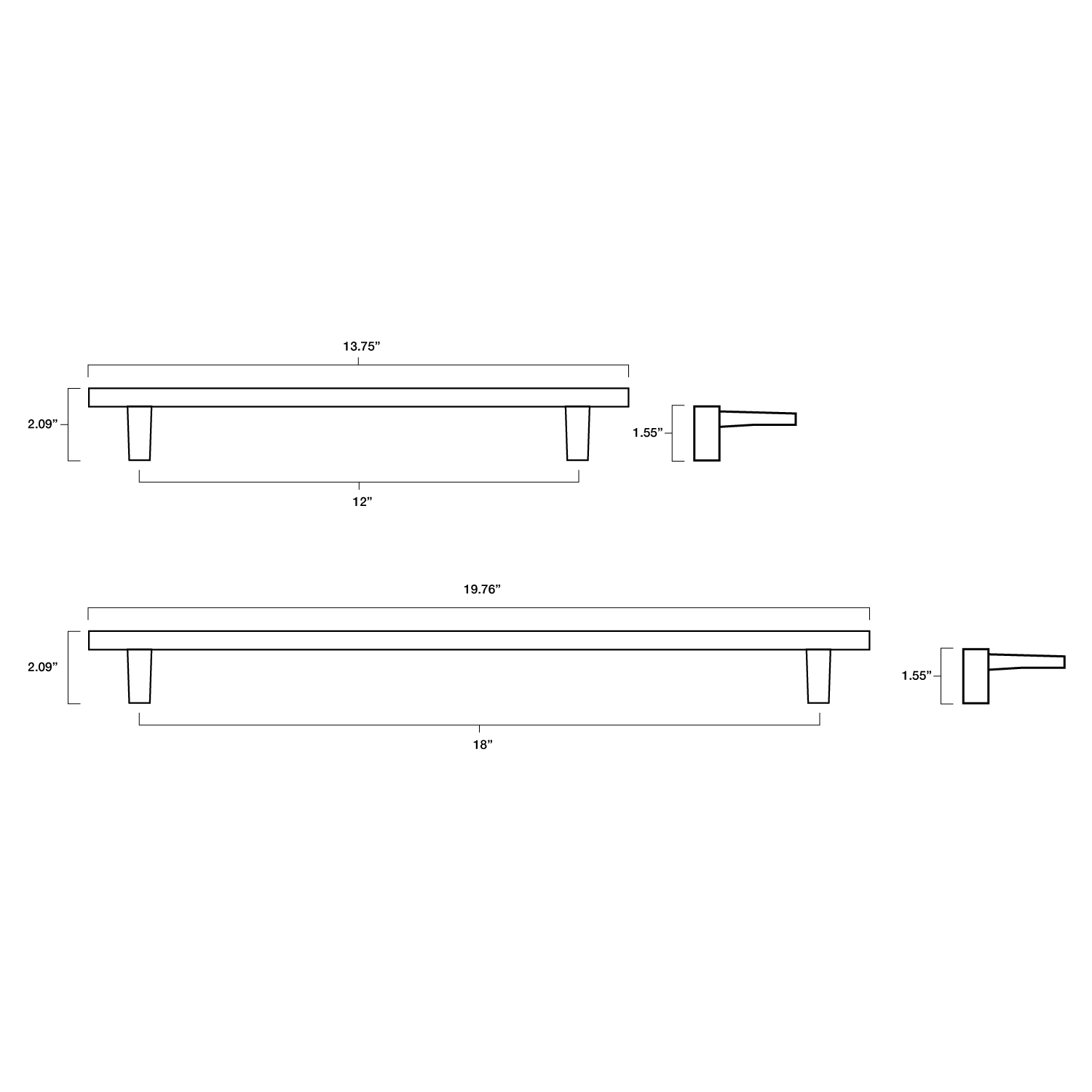 Tech specs with dimensions for Hapny Half Moon Appliance Pull in 12" and 18" center to center sizes for all finishes