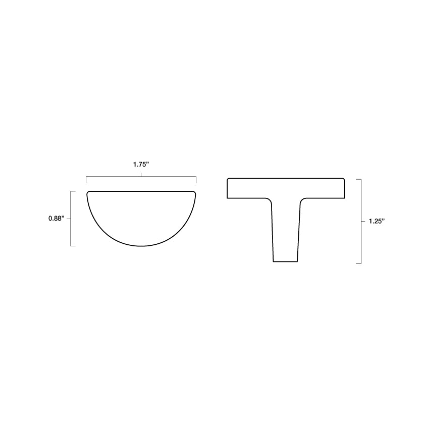 Tech specs with dimensions for Hapny Half Moon Knob in all finishes