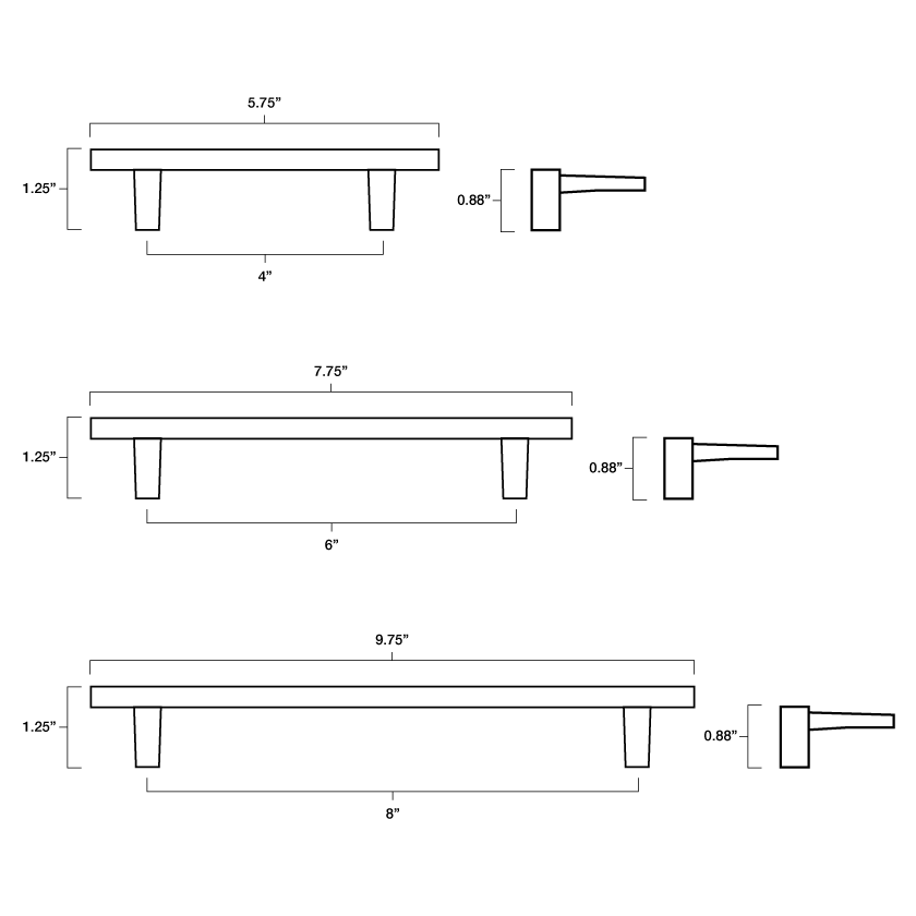 Tech specs with dimensions for Hapny Half Moon Cabinet Pull in 4", 6" and 8" center to center sizes for all finishes.