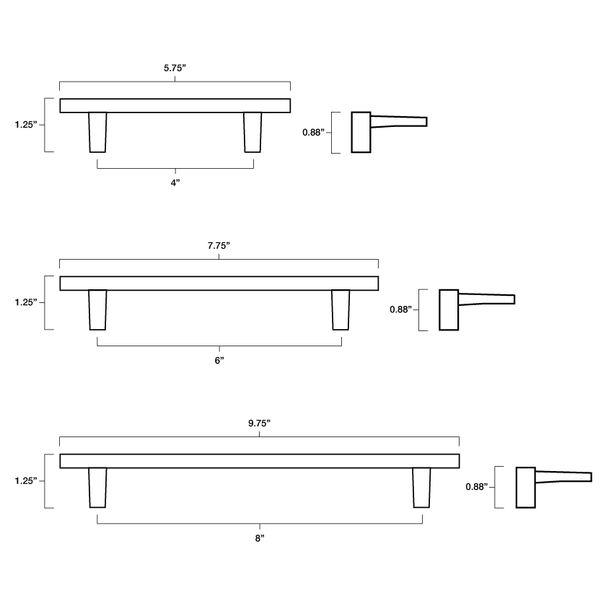Tech specs with dimensions for Hapny Half Moon Cabinet Pull in 4", 6" and 8" center to center sizes for all finishes.