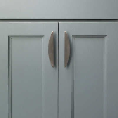 Designer Satin Brass Cabinet Hardware on Kitchen Cabinets that are Satin Brass and Green